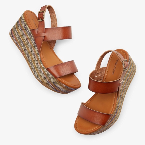 Maurices Shoes - Maurices Wedge Sandals 7.5 Tan Strappy Platform Espadrille Boho Summer
